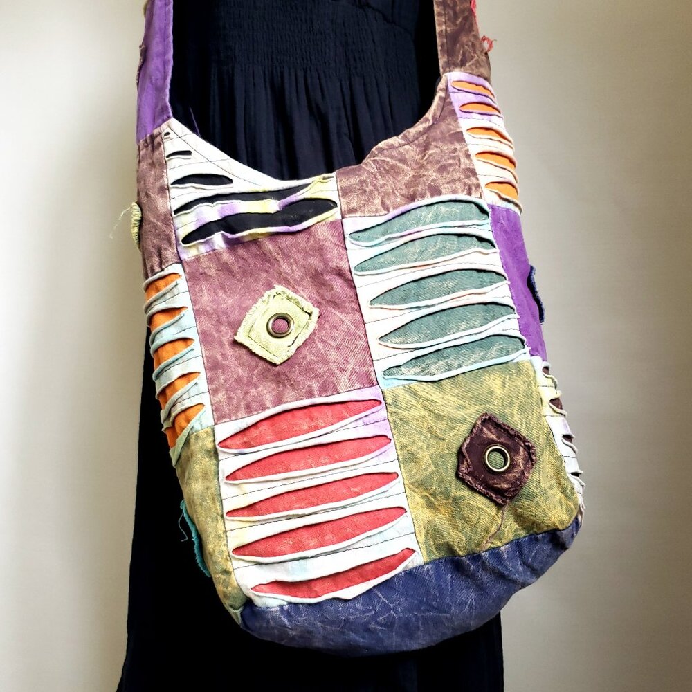 Bohemian Quilted Torn Look Razor Cut Hippie Crossbody Sling Purse Boho Handbag